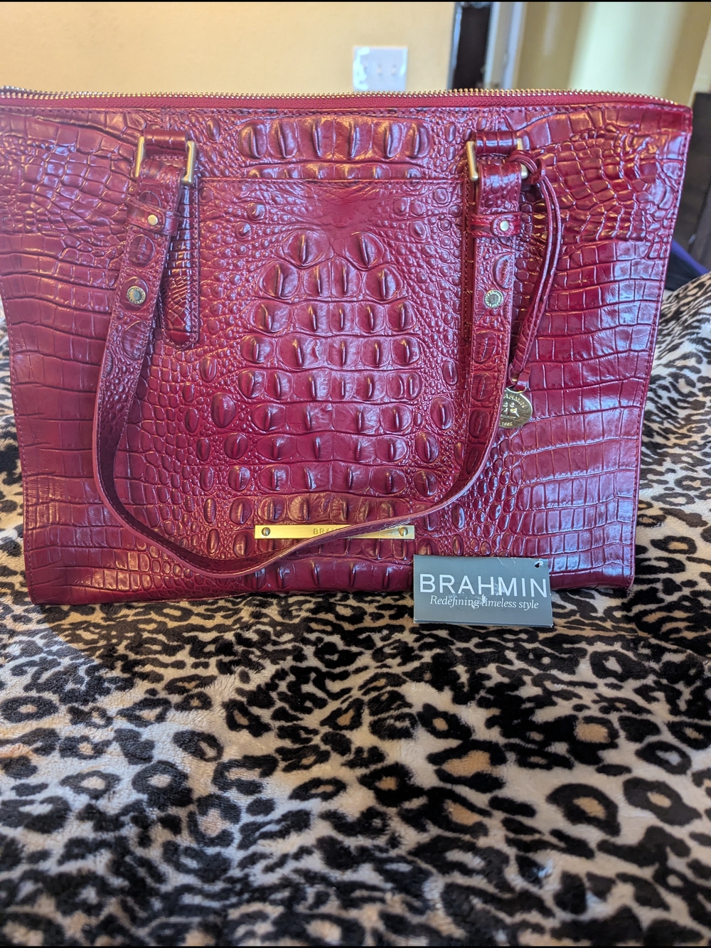 Brahmin Anywhere Tote In Carmine Red Croc-Embossed Leather